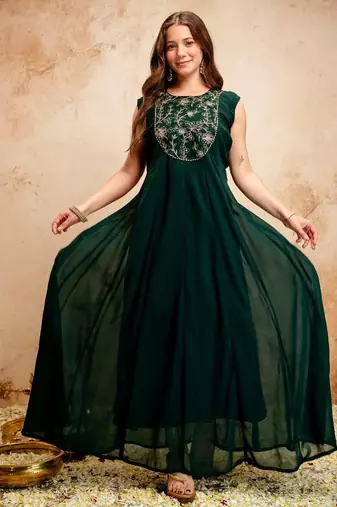 Dark green georgette embroidered anarkali dress with cape (no bottom) sleeveless party wear