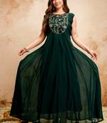 Dark green georgette embroidered anarkali dress with cape (no bottom) sleeveless party wear