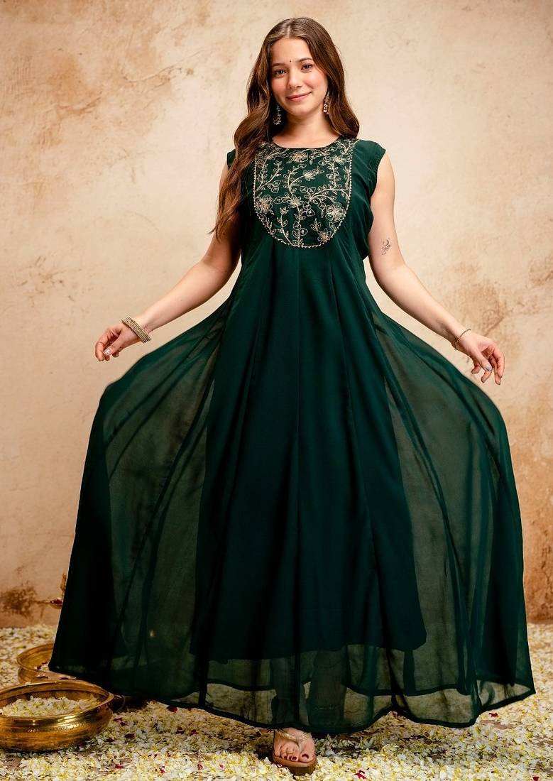 Dark green georgette embroidered anarkali dress with cape (no bottom) sleeveless party wear