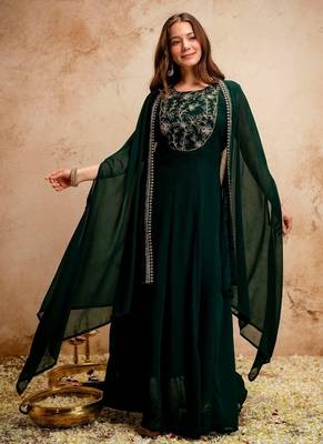Dark green georgette embroidered anarkali dress with cape (no bottom) sleeveless party wear 2