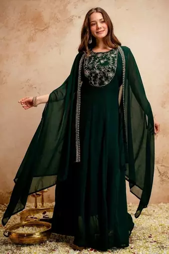 Dark green georgette embroidered anarkali dress with cape (no bottom) sleeveless party wear