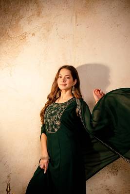 Dark green georgette embroidered anarkali dress with cape (no bottom) sleeveless party wear 3