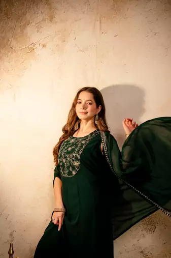 Dark green georgette embroidered anarkali dress with cape (no bottom) sleeveless party wear