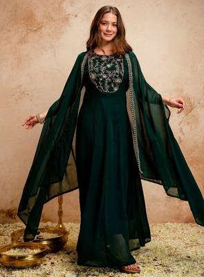 Dark green georgette embroidered anarkali dress with cape (no bottom) sleeveless party wear 4