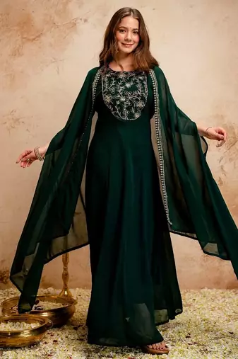 Dark green georgette embroidered anarkali dress with cape (no bottom) sleeveless party wear
