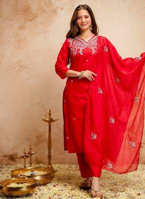 Red chanderi embroidered kurti set with dupatta stitched kurti pant set for women 1