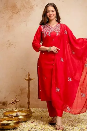 Red chanderi embroidered kurti set with dupatta stitched kurti pant set for women