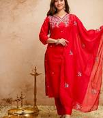 Red chanderi embroidered kurti set with dupatta stitched kurti pant set for women