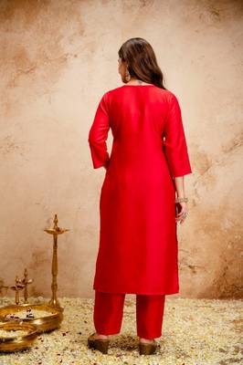 Red chanderi embroidered kurti set with dupatta stitched kurti pant set for women 2
