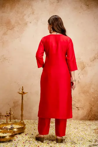 Red chanderi embroidered kurti set with dupatta stitched kurti pant set for women