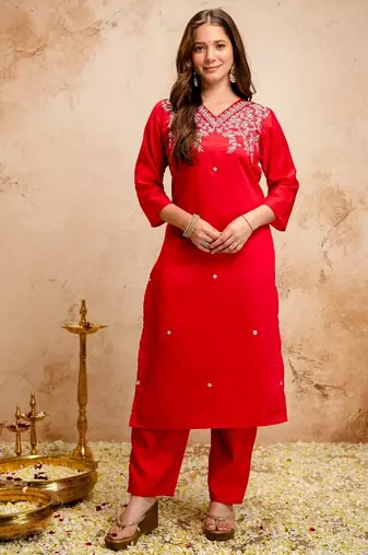 Red chanderi embroidered kurti set with dupatta stitched kurti pant set for women
