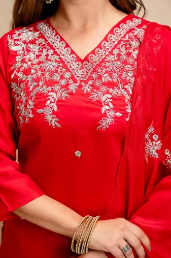 Red chanderi embroidered kurti set with dupatta stitched kurti pant set for women
