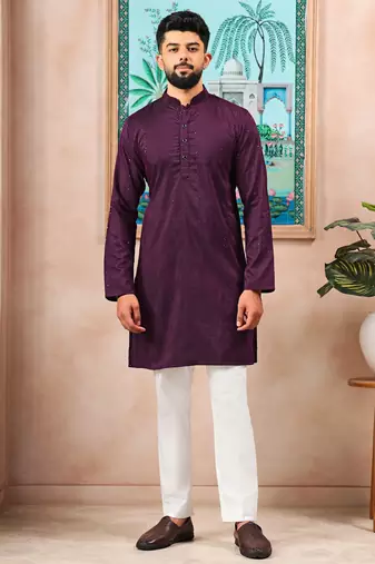 Wine color stylish cotton fabric woven dobby designer kurta payjama for men's