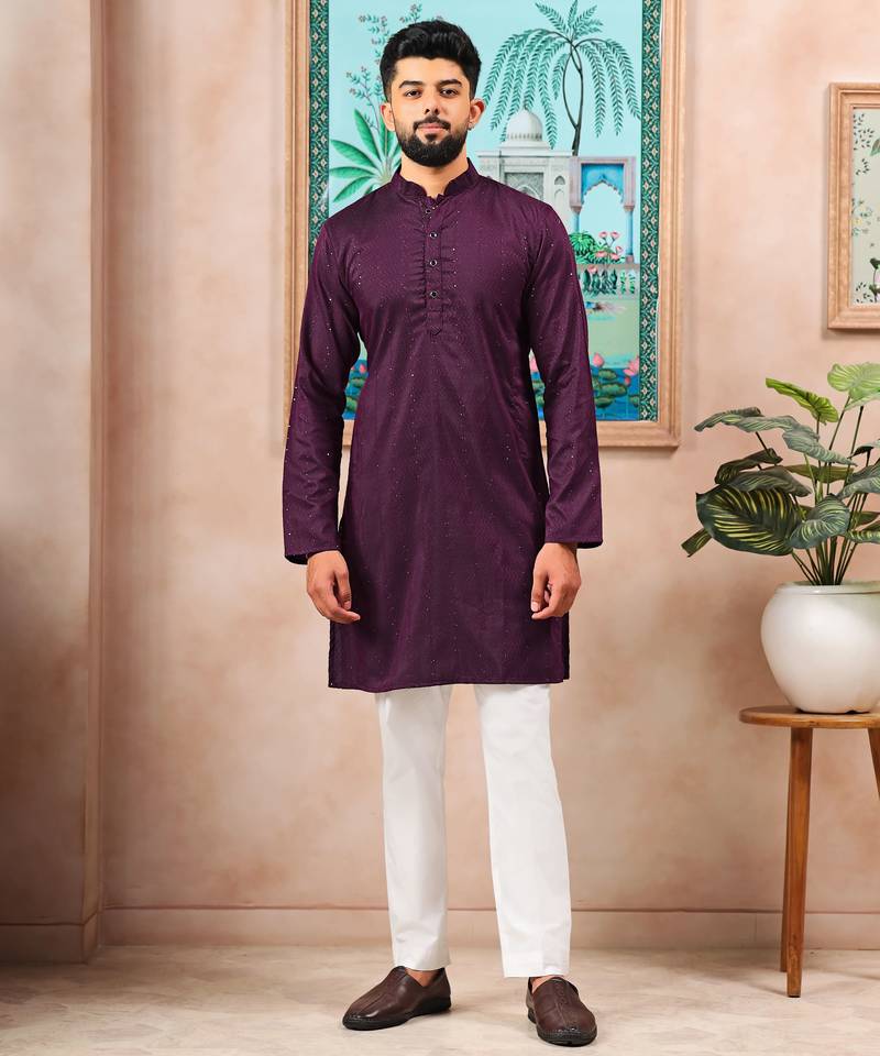 Wine color stylish cotton fabric woven dobby designer kurta payjama for men's