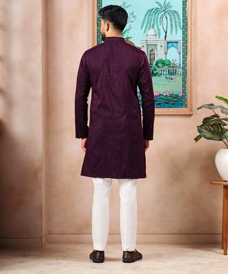 Wine color stylish cotton fabric woven dobby designer kurta payjama for men's 2
