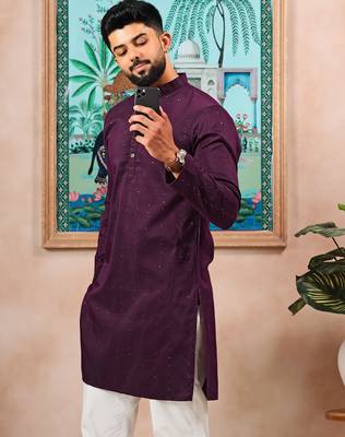 Wine color stylish cotton fabric woven dobby designer kurta payjama for men's 3