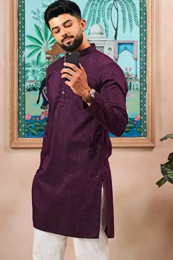 Wine color stylish cotton fabric woven dobby designer kurta payjama for men's