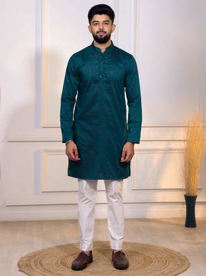 Teal color stylish cotton fabric woven dobby designer kurta payjama for men's 1