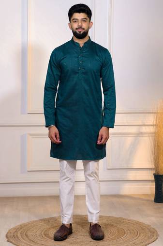Teal color stylish cotton fabric woven dobby designer kurta payjama for men's