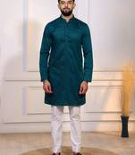 Teal color stylish cotton fabric woven dobby designer kurta payjama for men's