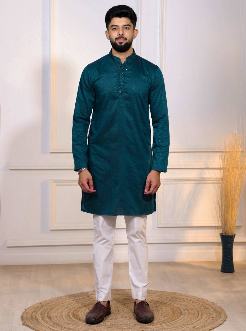 Teal color stylish cotton fabric woven dobby designer kurta payjama for men's
