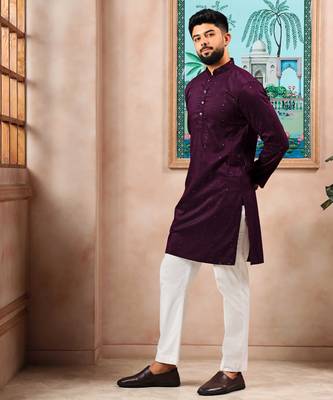 Wine color stylish cotton fabric woven dobby designer kurta payjama for men's 4