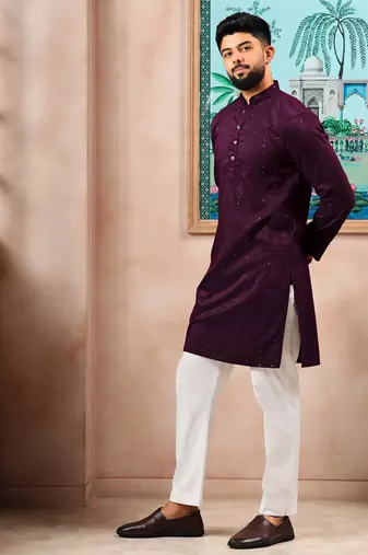Wine color stylish cotton fabric woven dobby designer kurta payjama for men's