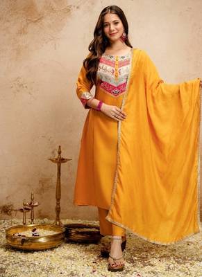 Yellow chanderi embroidered kurta set with dupatta & pants flared kurti for women 1