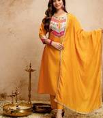 Yellow chanderi embroidered kurta set with dupatta & pants flared kurti for women