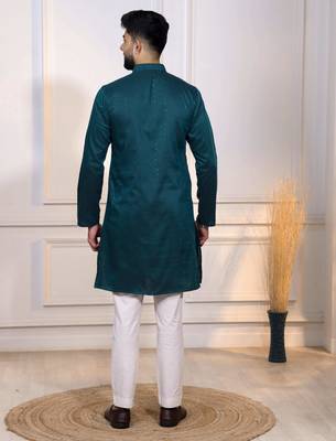 Teal color stylish cotton fabric woven dobby designer kurta payjama for men's 2
