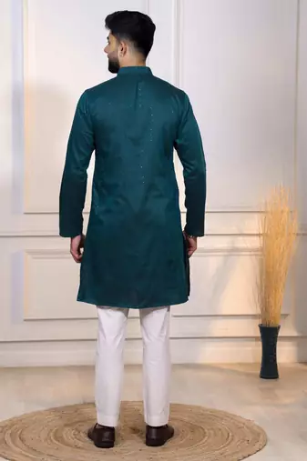 Teal color stylish cotton fabric woven dobby designer kurta payjama for men's