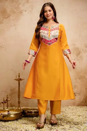 Yellow chanderi embroidered kurta set with dupatta & pants flared kurti for women