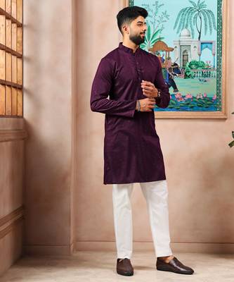 Wine color stylish cotton fabric woven dobby designer kurta payjama for men's 5