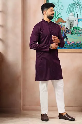 Wine color stylish cotton fabric woven dobby designer kurta payjama for men's
