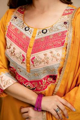 Yellow chanderi embroidered kurta set with dupatta & pants flared kurti for women 4