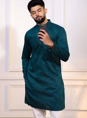 Teal color stylish cotton fabric woven dobby designer kurta payjama for men's 3