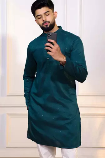 Teal color stylish cotton fabric woven dobby designer kurta payjama for men's
