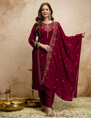 Maroon embroidered vichitra kurti pant dupatta set | stitched kurta set for women | 1