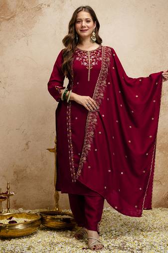Maroon embroidered vichitra kurti pant dupatta set | stitched kurta set for women |