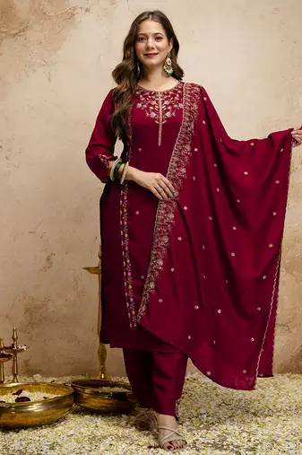 Maroon embroidered vichitra kurti pant dupatta set | stitched kurta set for women |