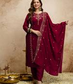 Maroon embroidered vichitra kurti pant dupatta set | stitched kurta set for women |