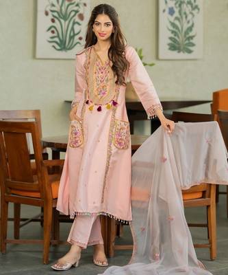  chanderi kurti pant dupatta setethnic wear for women 1