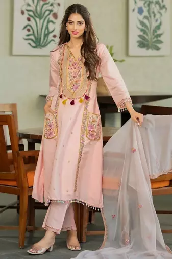  chanderi kurti pant dupatta setethnic wear for women