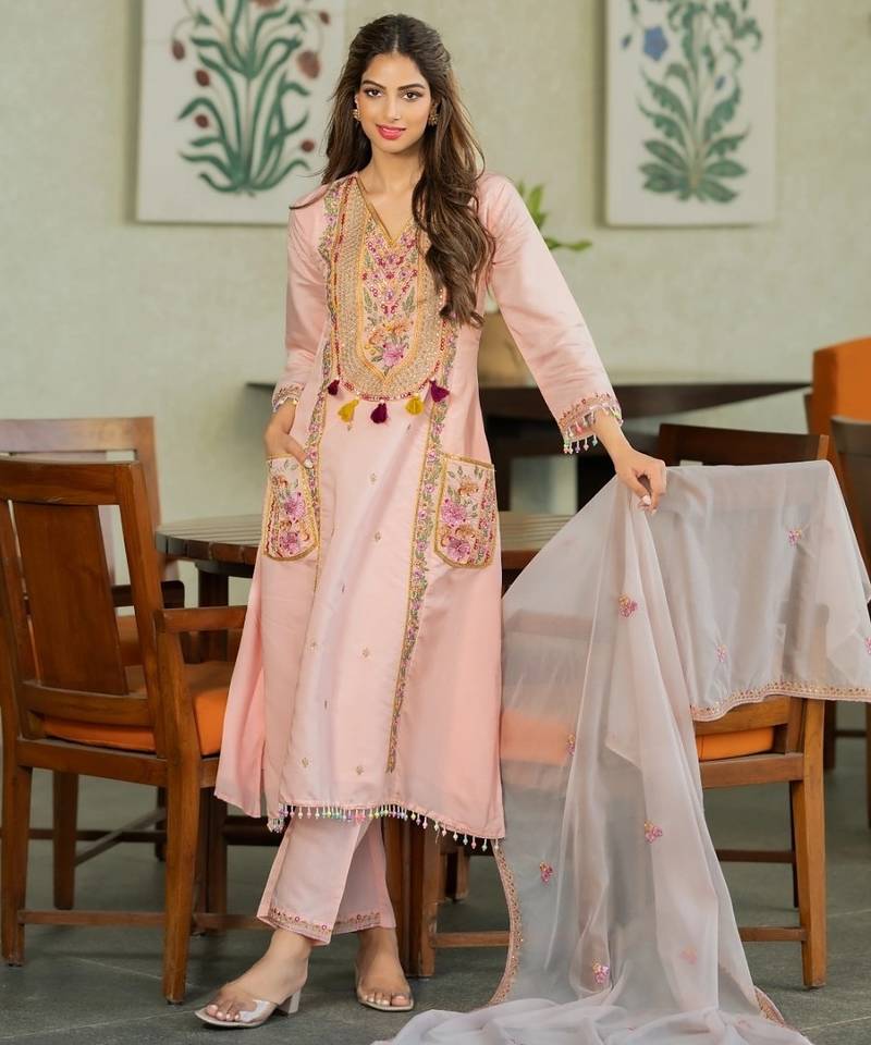  chanderi kurti pant dupatta setethnic wear for women