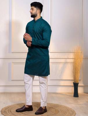 Teal color stylish cotton fabric woven dobby designer kurta payjama for men's 4