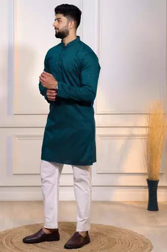 Teal color stylish cotton fabric woven dobby designer kurta payjama for men's