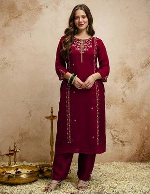 Maroon embroidered vichitra kurti pant dupatta set | stitched kurta set for women | 2