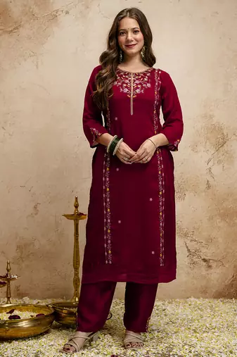 Maroon embroidered vichitra kurti pant dupatta set | stitched kurta set for women |