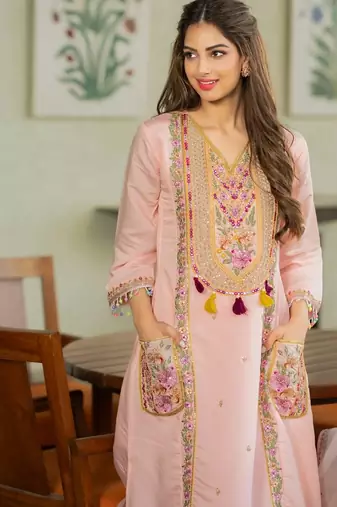  chanderi kurti pant dupatta setethnic wear for women