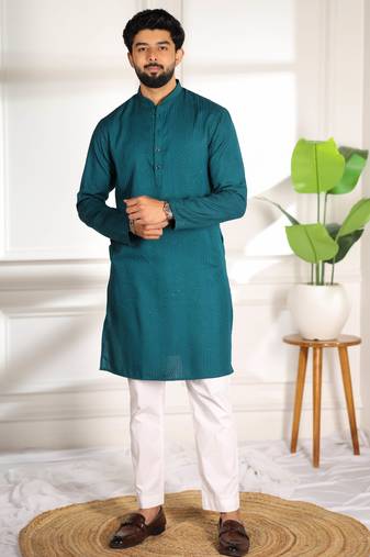 Teal color beautiful cotton fabric designer embroidery work ceremonial men's party attire